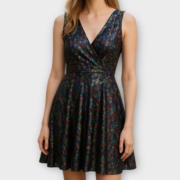 GRACE KARIN Sequin Multi Color Rainbow Faux Wrap Party Cocktail Mini Dress Sz M - Picture 1 of 6